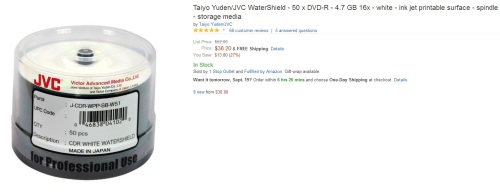 Amazon.com  Taiyo Yuden JVC WaterShield   50 x DVD R   4.7 GB 16x   white   ink jet printable surface   spindle   storage media  Electronics